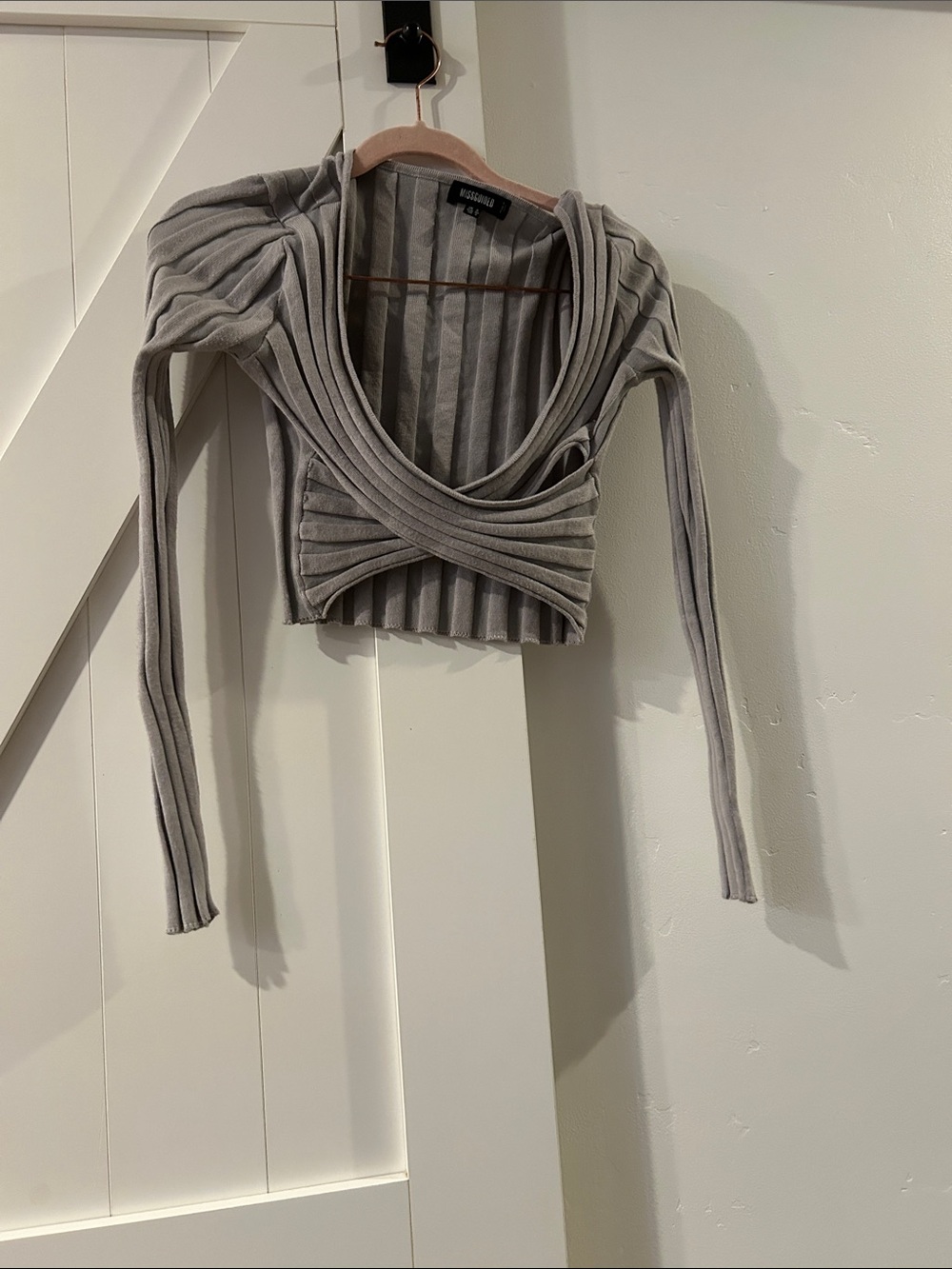 Misguided brand Gray Ribbed Wrap-Front Long Sleeve Crop Top